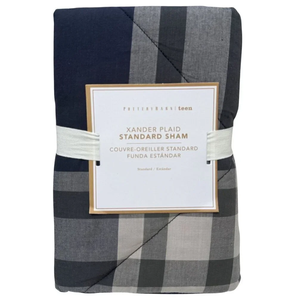 POTTERY BARN Pillow Sham Navy Gray Plaid Cotton Standard Size Xander Pillowcase